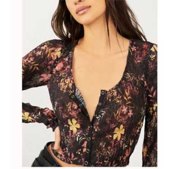 Free People Angelina Floral Long Sleeve Top - Black and Pink XS EUC - Picture 2 of 13